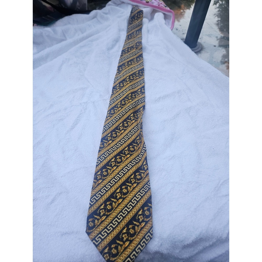 Gianni Versace Mens Silk Tie Navy Blue Gold Greek Key Baroque Made in Italy